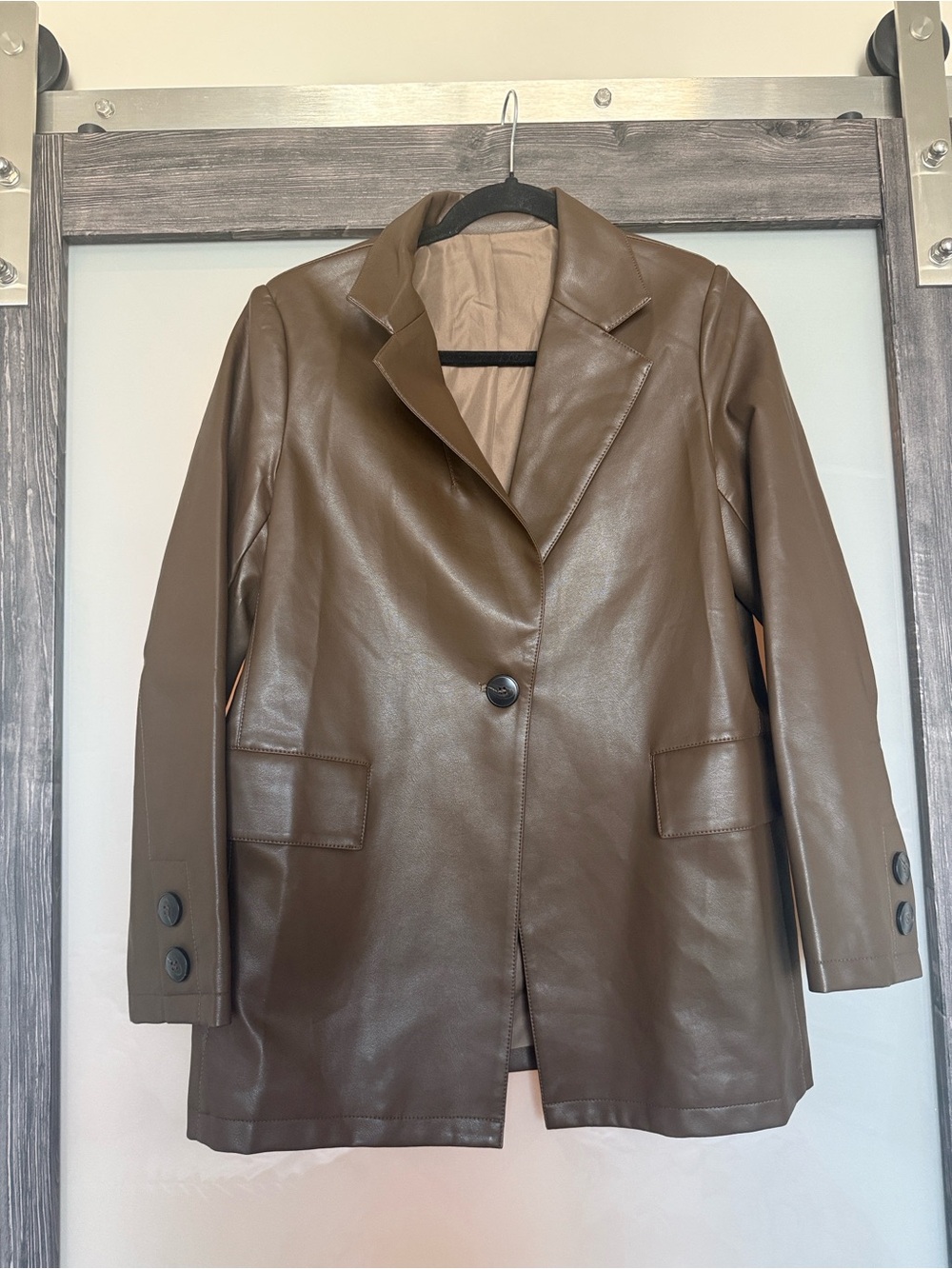 Women's Brown Faux Leather Blazer Jacket- Relaxed Fit